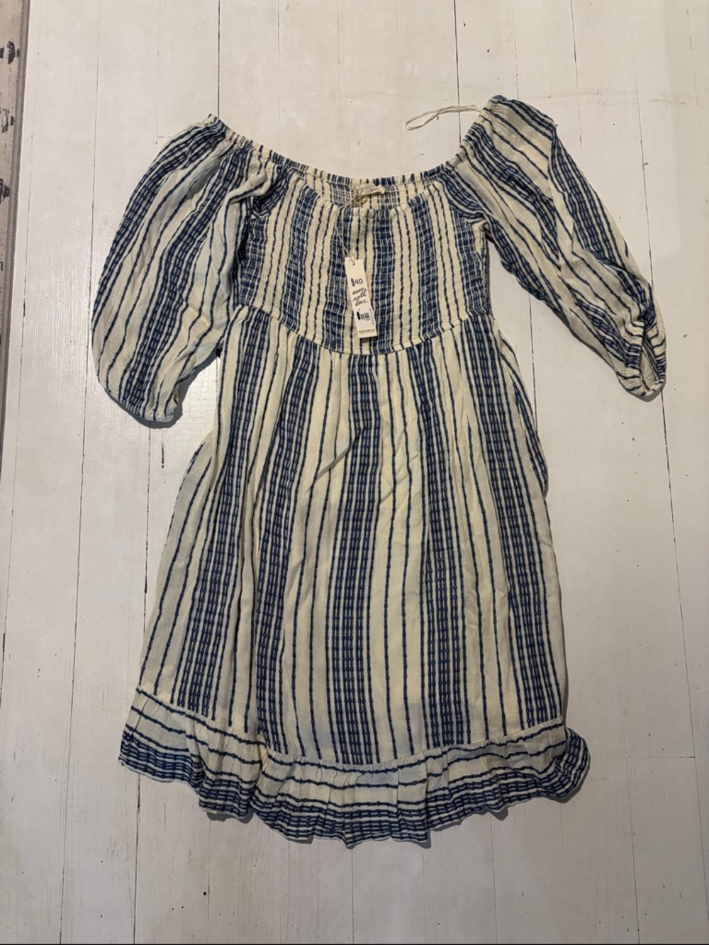lovestitch Blue and Cream Striped Off-Shoulder Dress